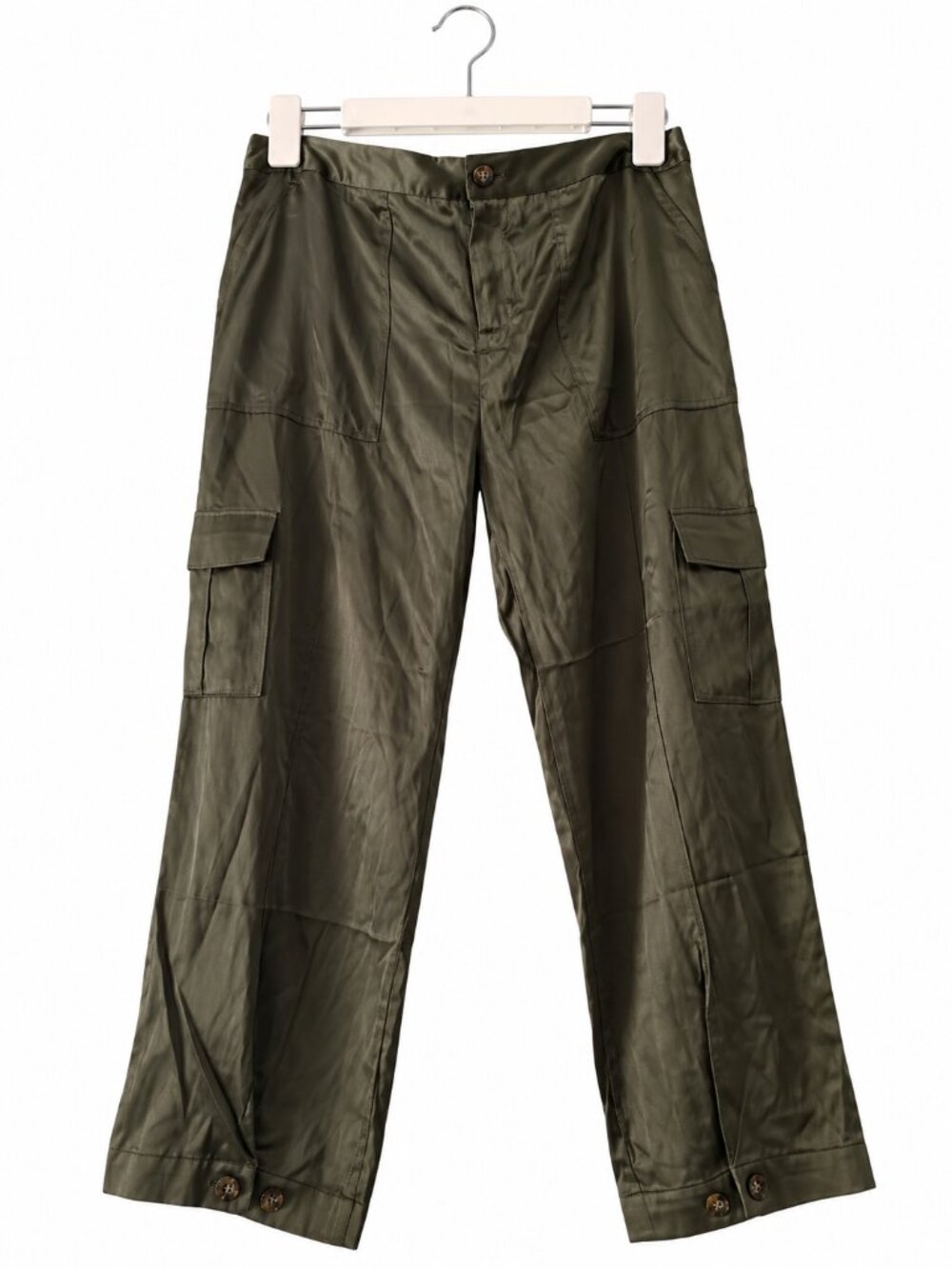 Claridge + King Olive Green 96% Silk Twill Cargo Straight Leg Pants NWT M